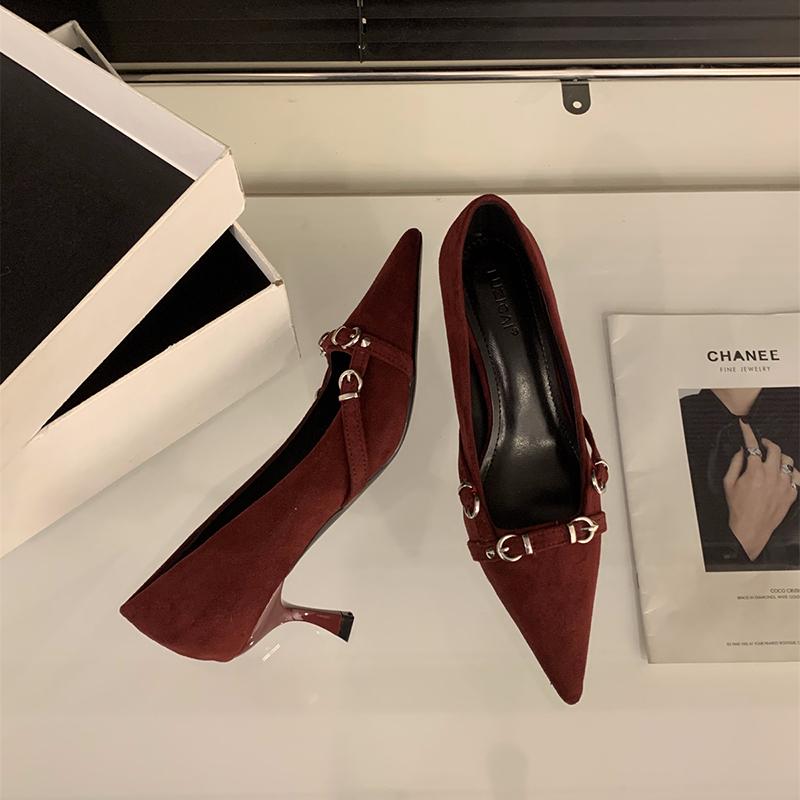 

Дизайнерские весенние туфли-лодочки с острым носком для офиса, модные туфли без застежек на неглубоких каблуках, элегантные туфли для вечеринок 35 вино красного