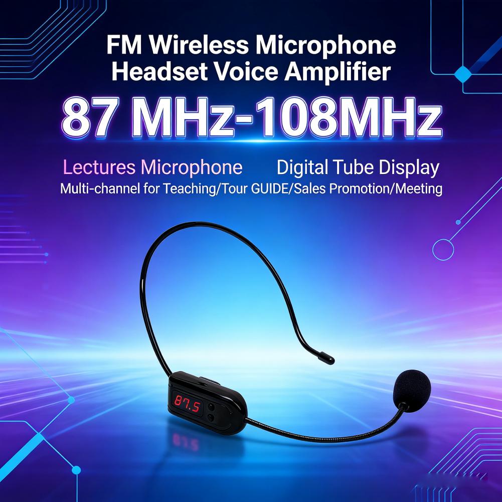 FM Wireless Microphone Headset Megaphone 87 MHz-108MHz Headset Mic Multi-channel for Teaching/Tour Guide/Sales Promotion/Meeting