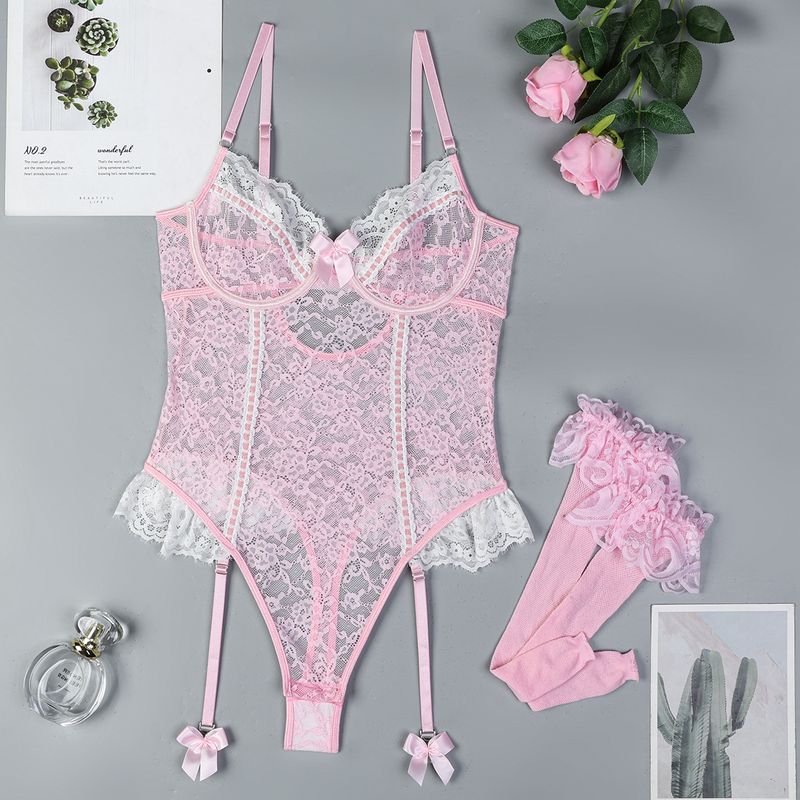 

Outfitgirl Pink Lace Lace Bows Stretch Tight Jumpsuit Women s Silm Sheath Shorts Suit Pink Socks S