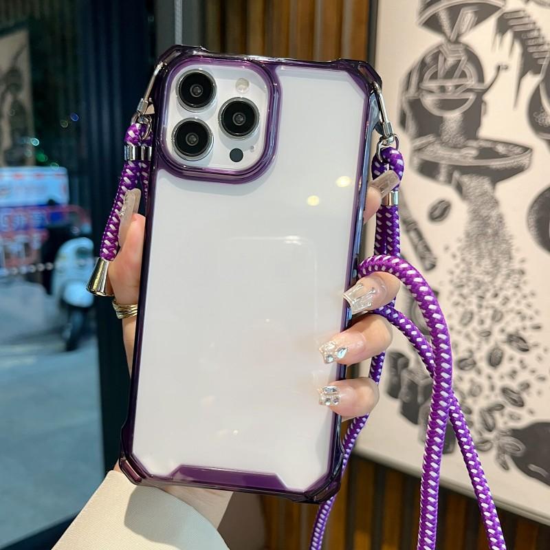 Lanyard Transparent Case For iPhone 15 Pro 14 13 12 11 Pro Max XR X XS Plus Crossbody Cord Four Corners Strap Shockproof Cover