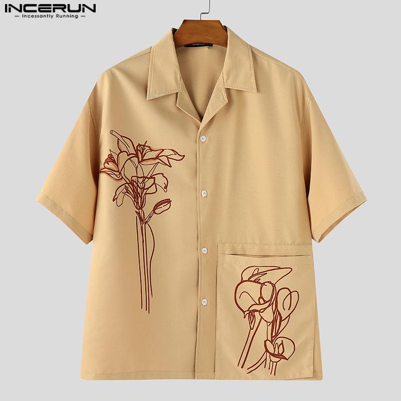 INCERUN Oversized Men Lapel Neck Short Sleeve Buttons Print Casual Shirts