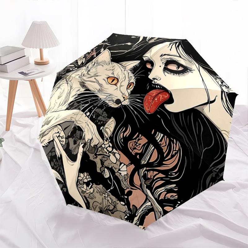 

1pc Whispering Whiskers Woman and Her Cat Automatic Folding Cartoon Practical Umbrella - 3 Folding Design, Vivid Cartoon Pattern, Suitable for Outdoor