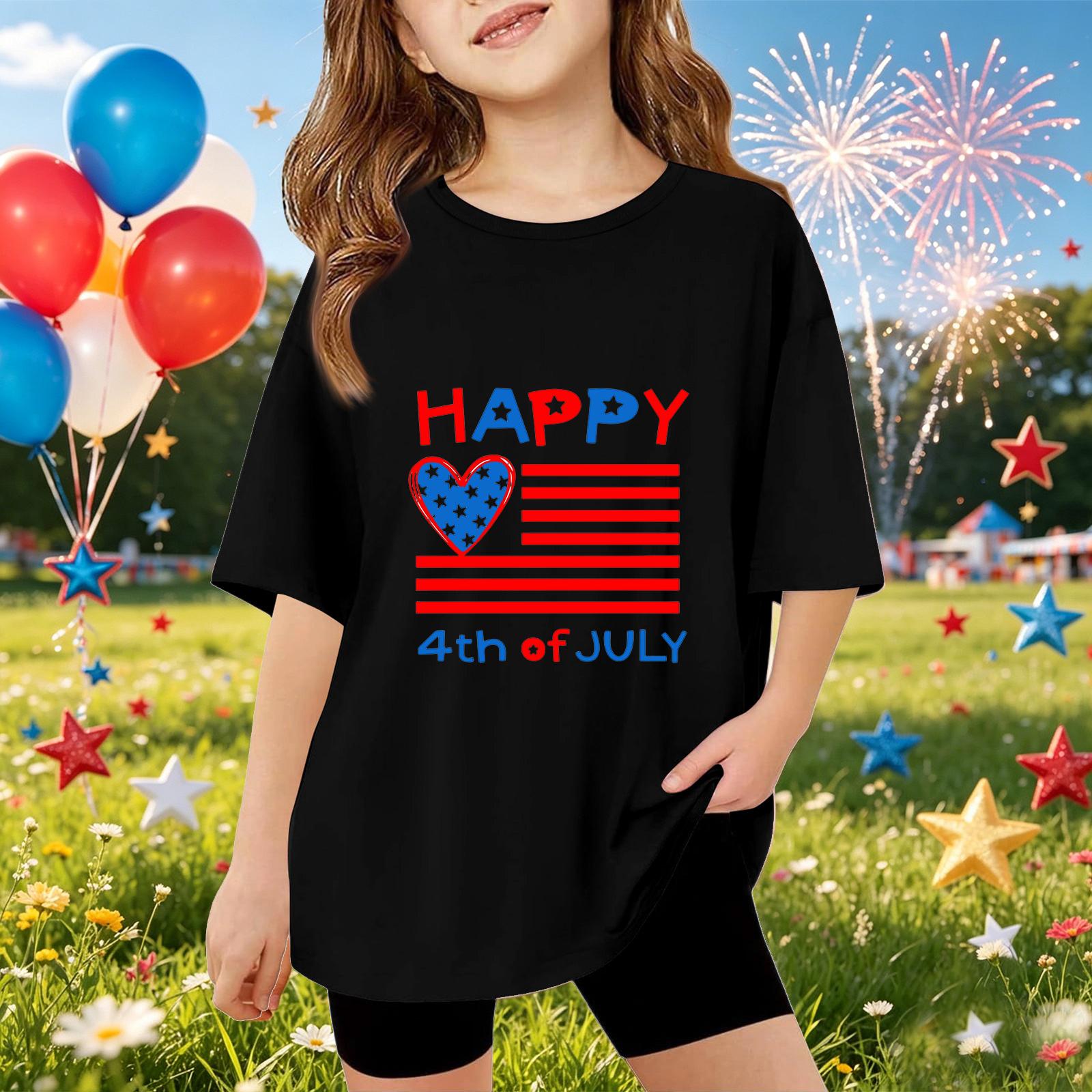 Kids Short Sleeve T Shirt Independence Day Print Top Casual Comfortable Fit Patriotic Graphic Tee for Boys and Girls Summer Wear 140 чёрный