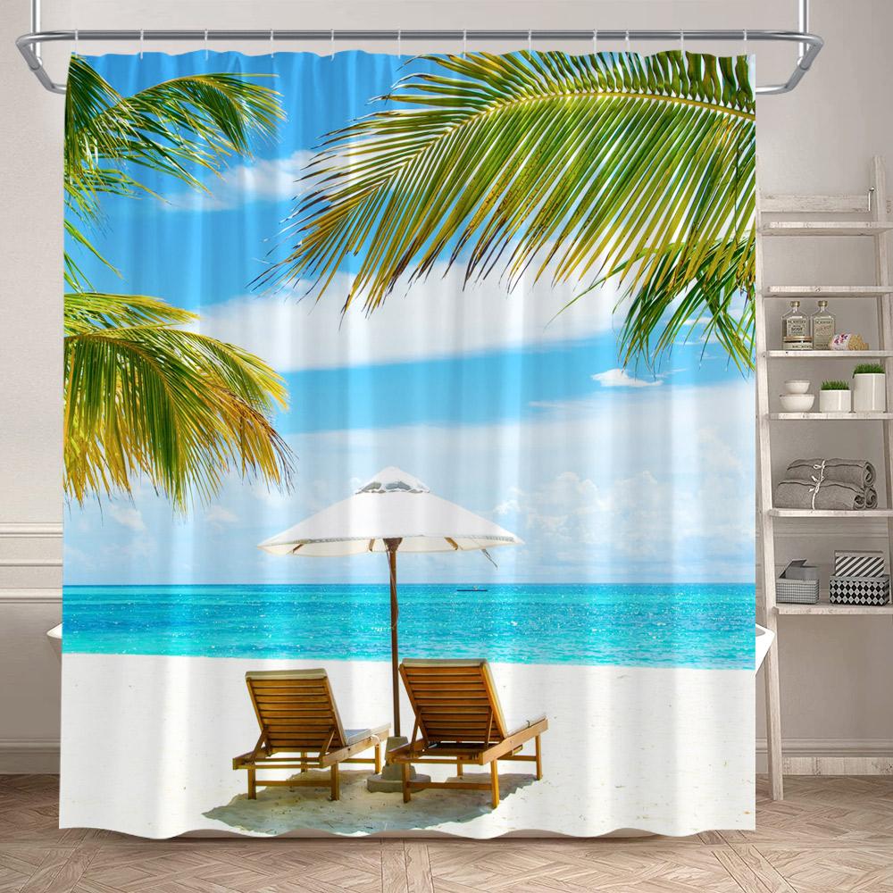 Hawaii Beach Shower Curtain Tropical Palm Leaves Blue Ocean Summer Holiday Nature Scenery Bathroom Curtains Polyester Home Decor