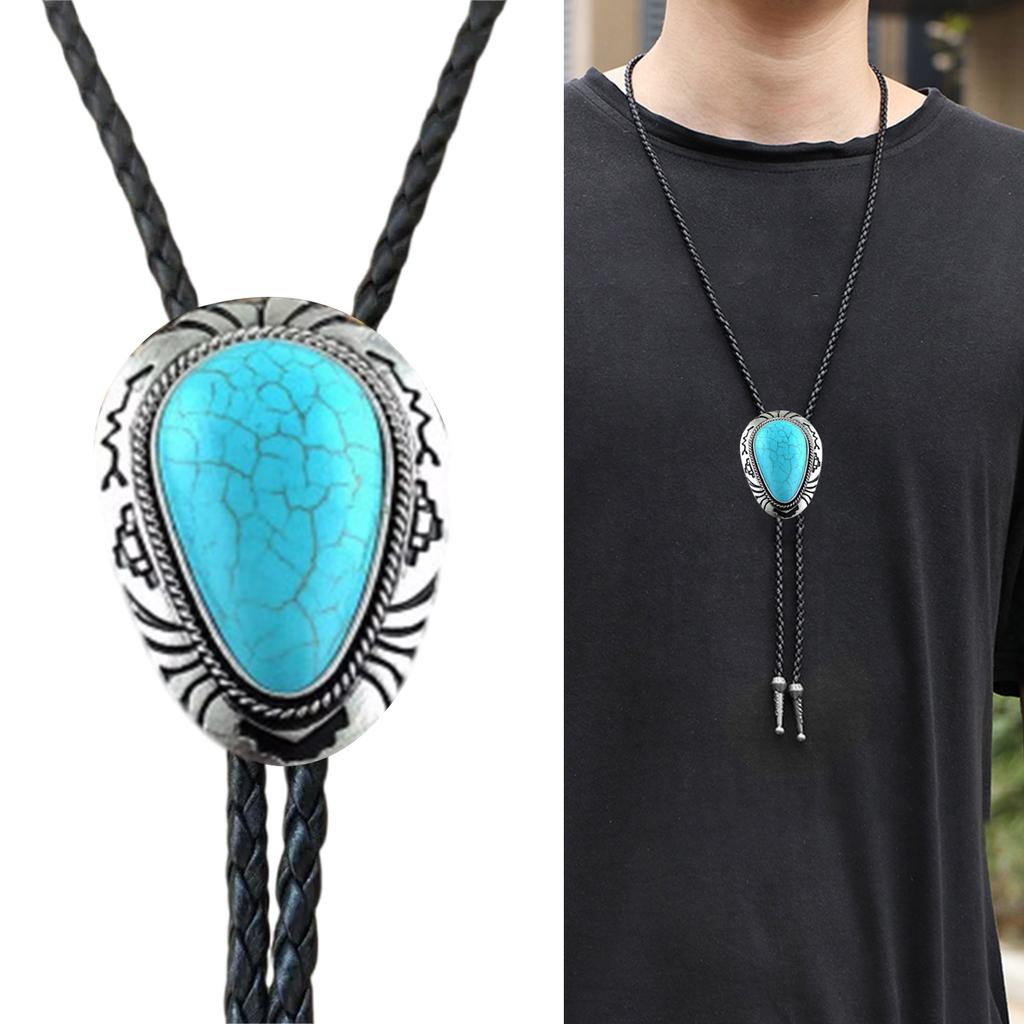 Men's Western Adjustable Bolo Tie with Stone Pendant Braided Leather Rope Necktie Shirt Collar Chain Jewelry Necklace