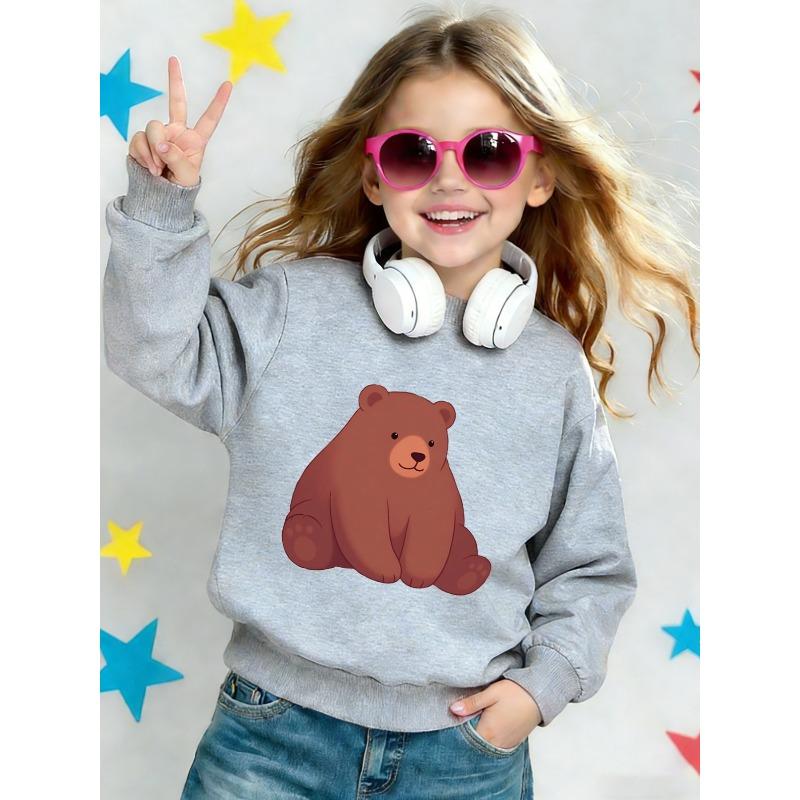 European sizes Cute Brown Bear Print Kids' Spring Lightweight Crew Neck Sweatshirt, Comfortable Outdoor Wear for Ages 0-3