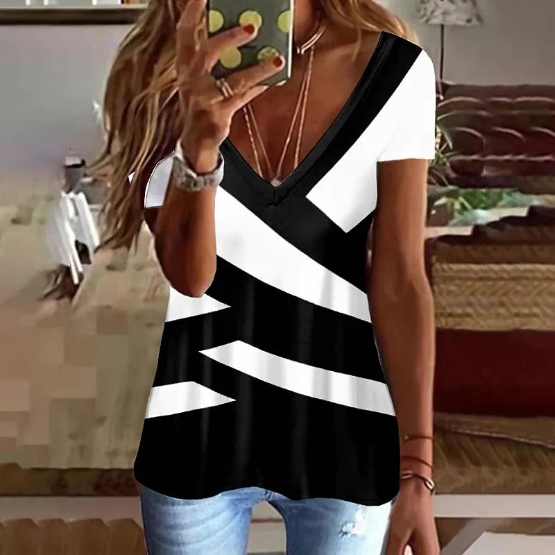 Summer V-neck 3D Printed Top Fashionable Casual Short Sleeved Women's T-shirts