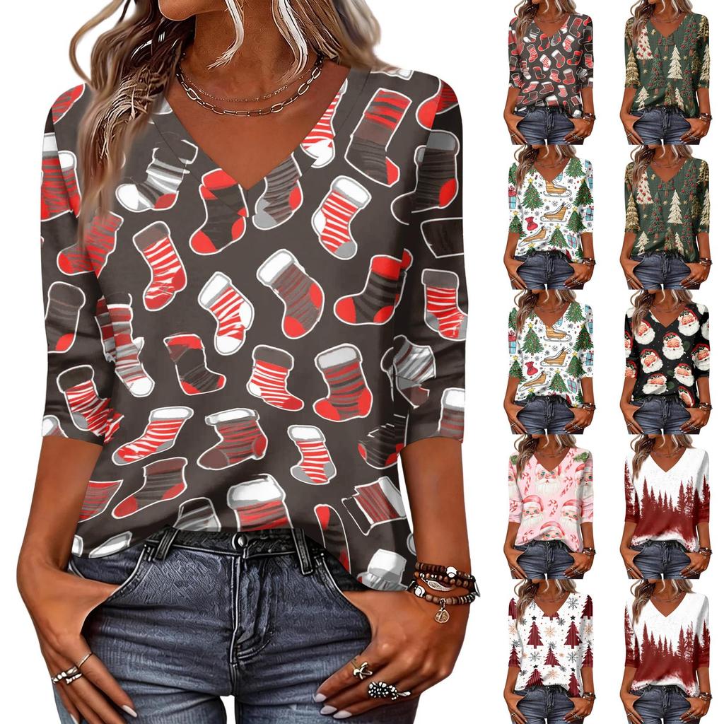Women's Christmas Print V-Neck Three-Quarter Sleeve Casual Loose Fit Shirt