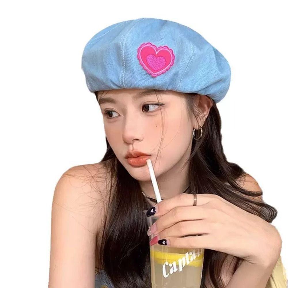 Denim Berets Hat Heart Peaked Cap Sweet Painter Cap Spring Autumn