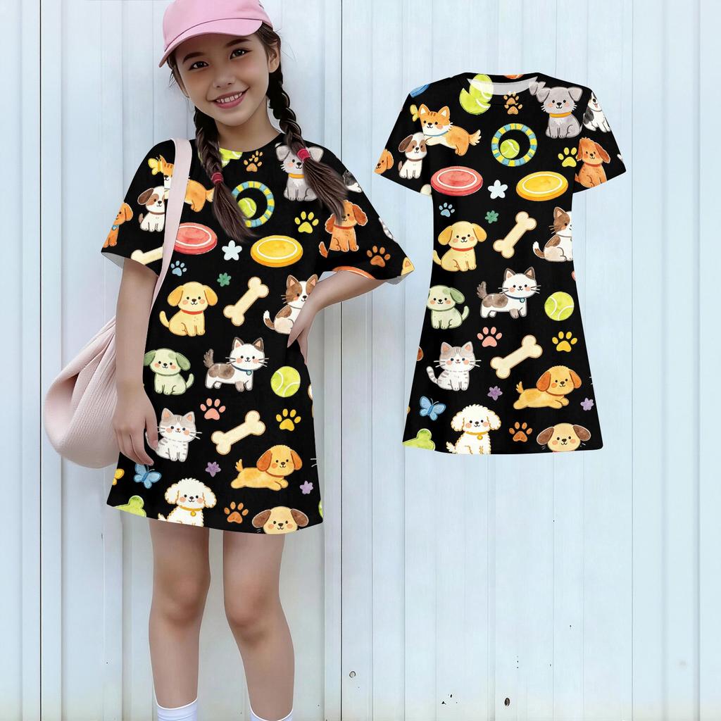 Girls Loose Fit Short Sleeve Dress Animal Print Lightweight Casual Round Neck Summer Dress for Kids