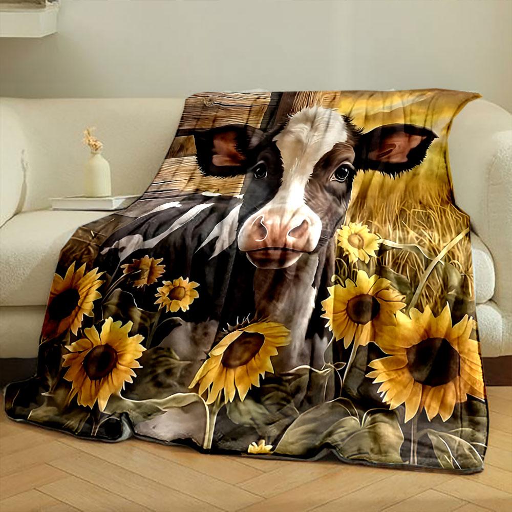 Cow and Sunflowers In Rustic Farm Scene Print Blanket Soft and Cozy Perfect for the Living Room Bed Sofa or a Nap,gift