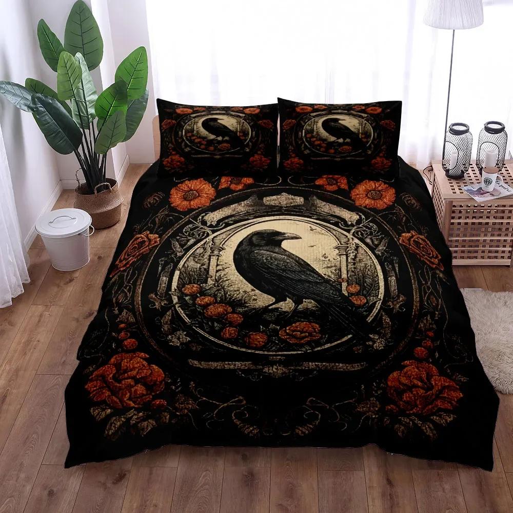 Floral Garden Gothic Raven Duvet Cover Set King Queen Double Full Twin Single Size Bed Linen Set