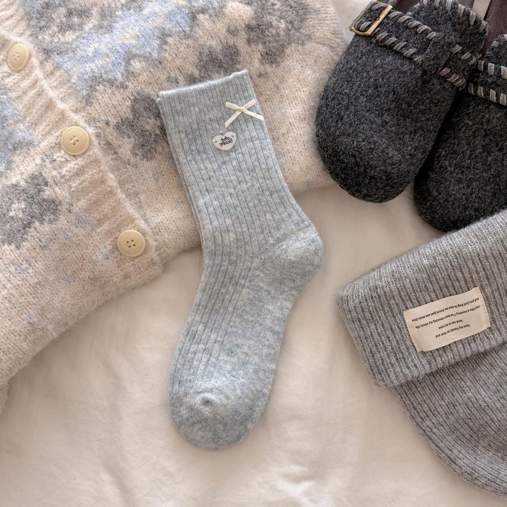 Thickened Buttons, Korean Bows, Gray Wool Socks, Love Girl Socks, Piles Of Socks