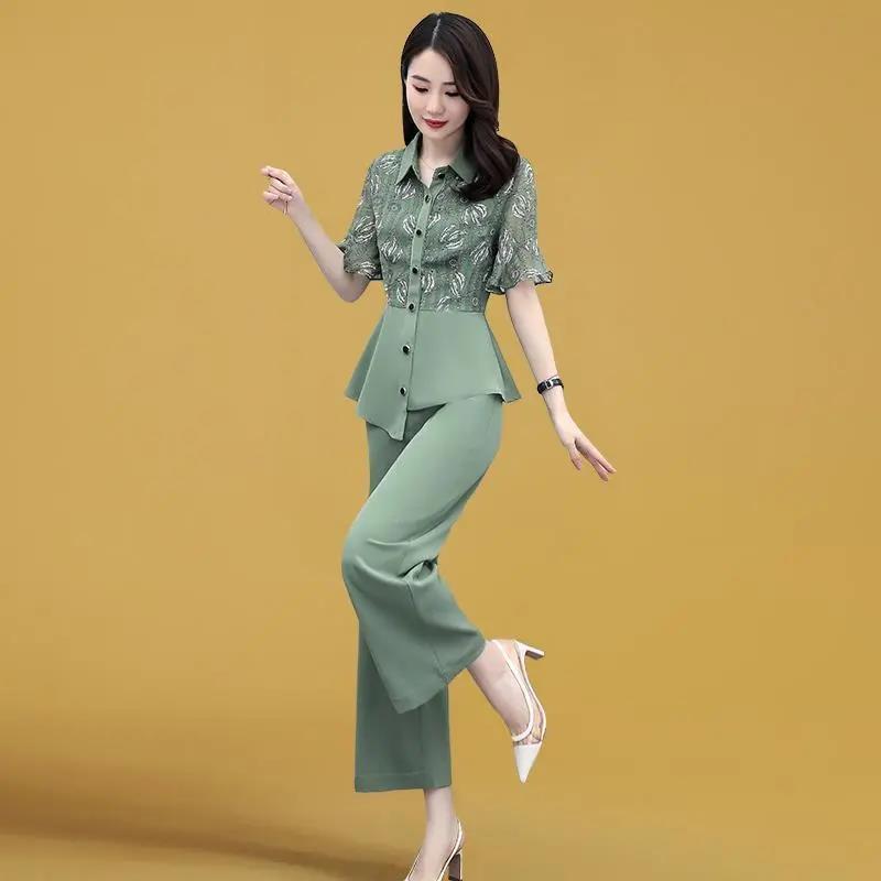 Blusa de Verano Casual con Estampado y Empalme para Mujer Conjunto de Dos Piezas Elegante para el Trabajo Moda Conjuntos de Pantalones de Pierna Ancha Ropa Femenina