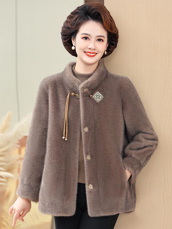 Elegant Short Winter Coat for Middle-Aged Women - Faux Mink Leather and Fur, New Chinese Style.