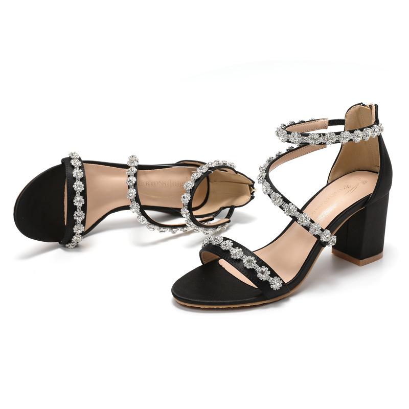 White High-heeled Sandals Thick-heeled Wedding Shoes Rhinestone Word with Round Head Diamond Chain Wristband New Fashion Temperament Women's Shoes