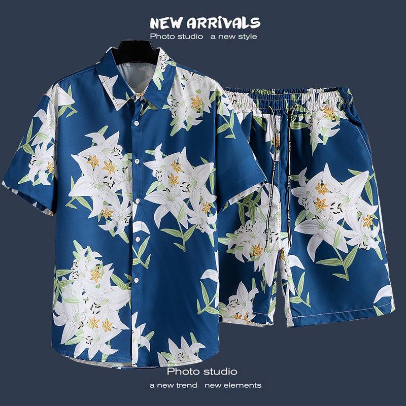 Men's Hawaiian Style Floral Summer Short Sleeve Shirt & Shorts Set