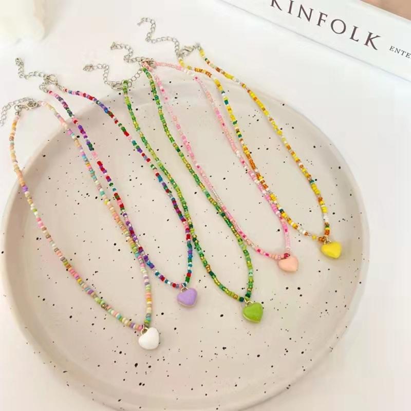 Bohemian Beaded Necklace Summer Rice Bead Love- Necklace Hawaii Beach Necklace Jewelry Suitable for Ladies and Girls