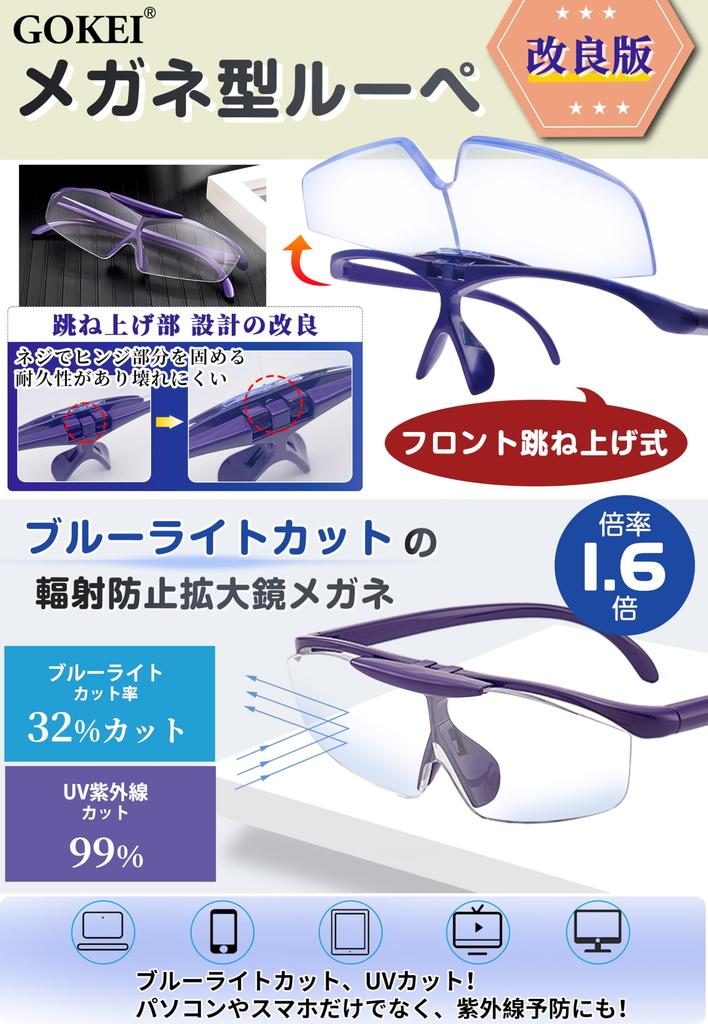 GOKEI Magnifying Glasses, Flip-Up Magnifying Glasses, 1.6x Magnification, Blue Light Blocking, 7-Piece Set, Purple