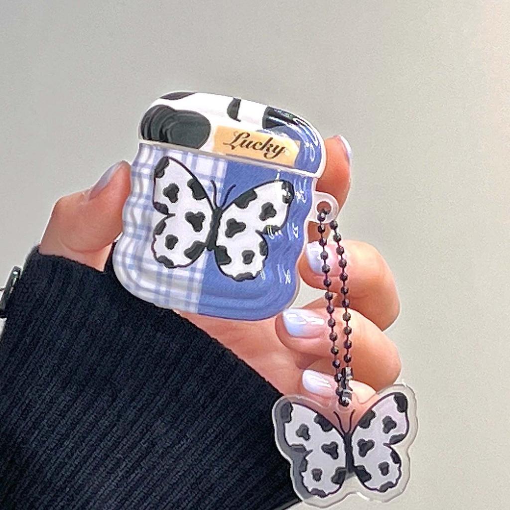 Cow Butterfly 3d Pendant Keychain Wavy Earphone Case For Apple Airpods 1 2 3 Pro Wireless Bluetooth Headset Charging Box Cover