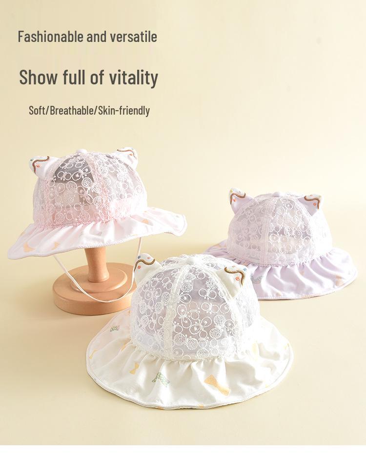 Children's Cartoon Cat Ear Lace Bucket Hat - Breathable, Versatile, with Wide Brim for Sun Protection