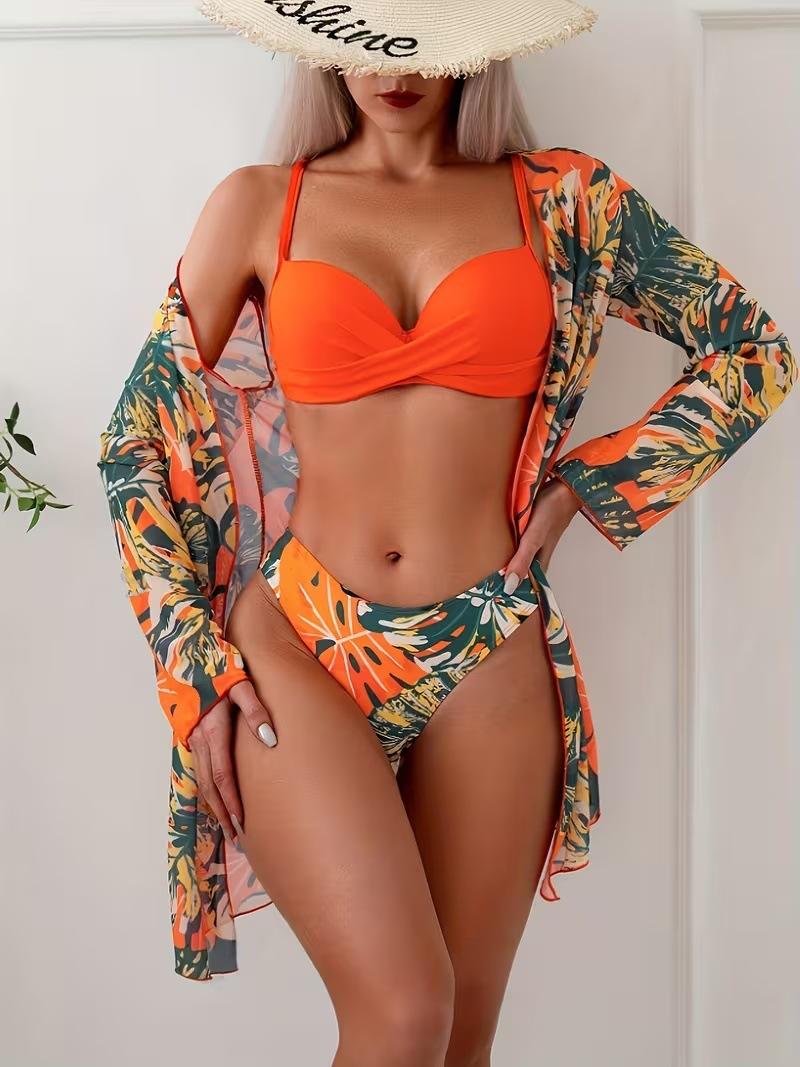 

New Sexy Beach Sunscreen Printed Mesh Gathering Bikini Threepiece Set XL помаранчевий
