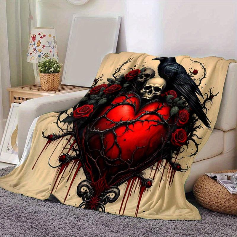 

1pc Gothic Heart with Ravens Skulls and Red Roses Blanket Soft Throw for Home Decor, Gift Idea, Living Room, Travel, Camping, Car Blankets 80x120cm