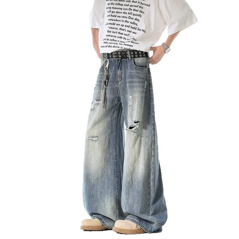 American Retro Scimitar Jeans Summer Ripped Loose Wide-leg Pants Washed Cat Beard Thin Mopping Pants Long Pants