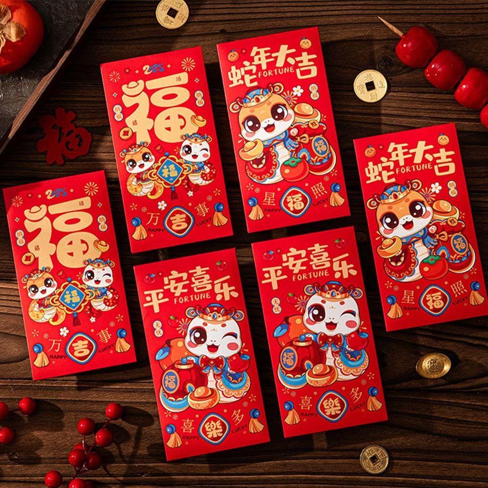 6pcs Chinese Style 2025 Snake Year Red Envelopes Traditional Money Packet  Kids Gift