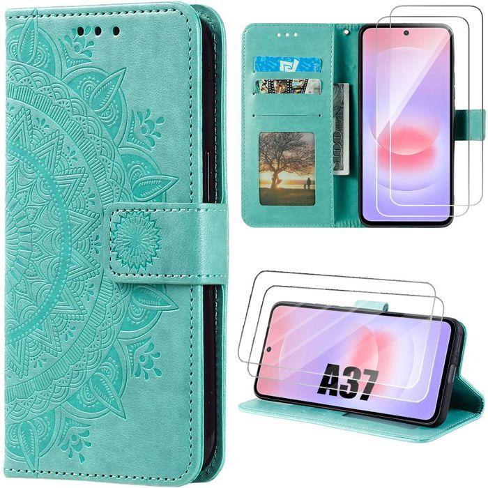 Coque pour Samsung Galaxy A37 5G, Anti-Rayures Antichoc Synthécuir Motif Exotique - Vert - 2 Vitres