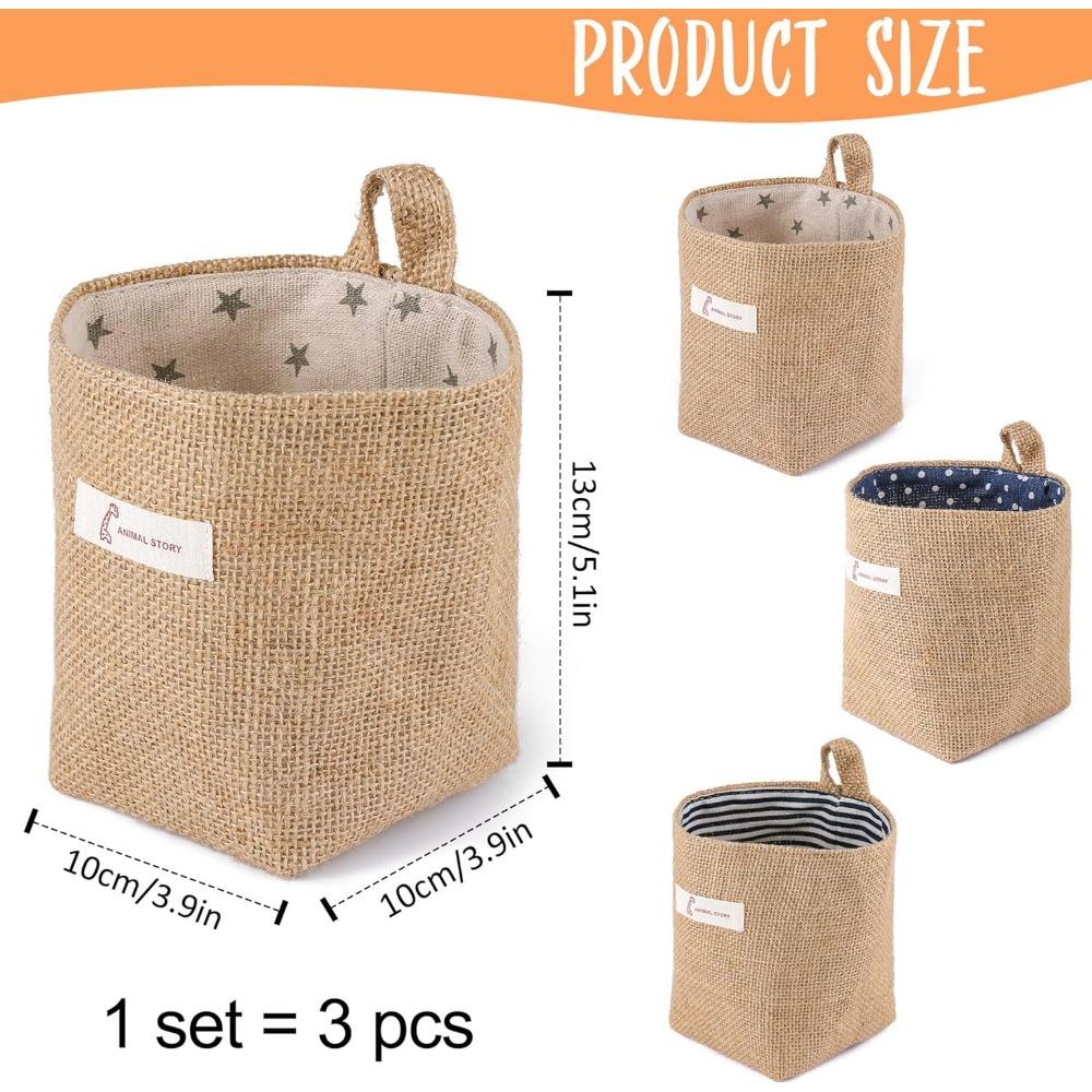 3 PCS Mini Hanging Storage Bag Cotton Linen Small Storage Basket Wall Hanging Storage Pouch Foldable Storage Box Family Organizer Decorative Bag