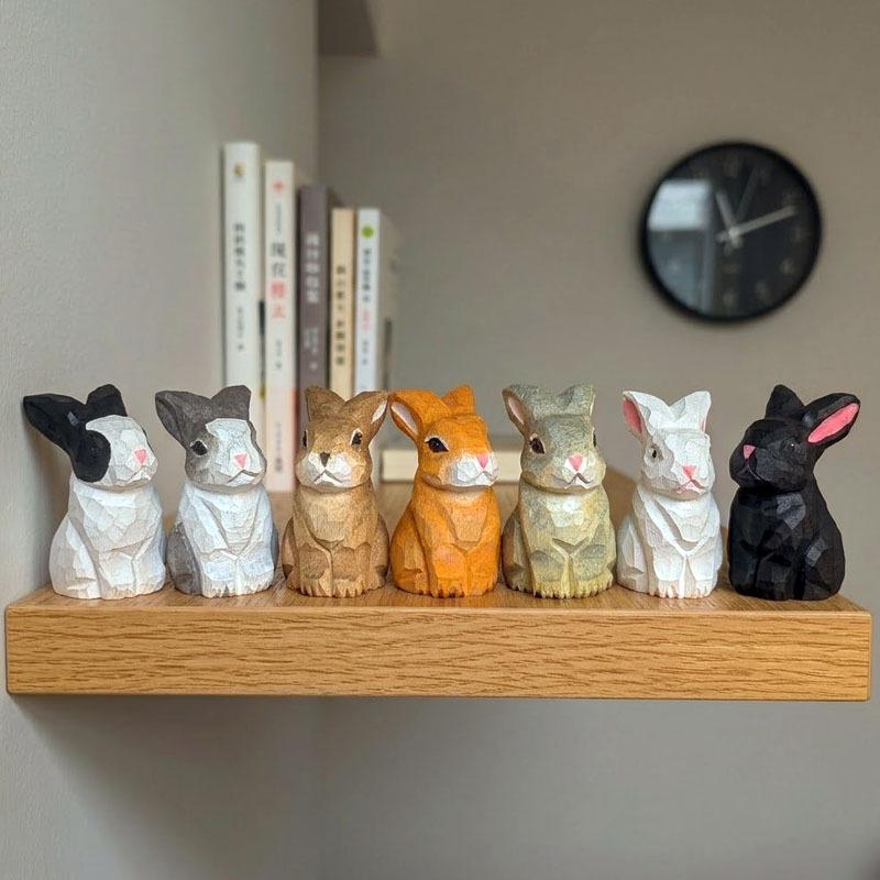 Hand-Carved Wooden Rabbit Ornament - Cute Style for Home or Office Decoration