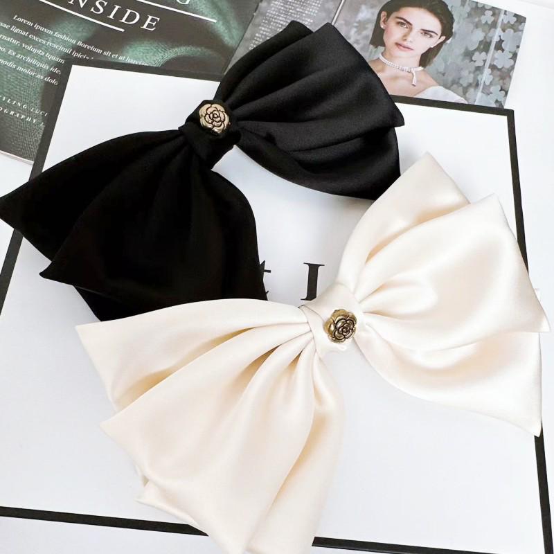 Elegant Black Satin French Bow Hair Clip - Korean Style High-End Celebrity Fashion