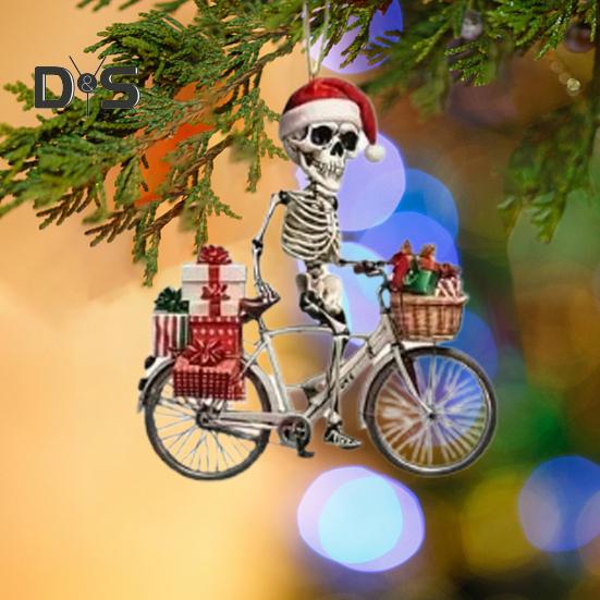 Weihnachts-Totenkopf-Ornament, Weihnachtsmütze, Skelett, Fahrradfahren, Acryl-Anhänger, Weihnachtsbaum-Hängedekoration für Innen- und Außendekoration