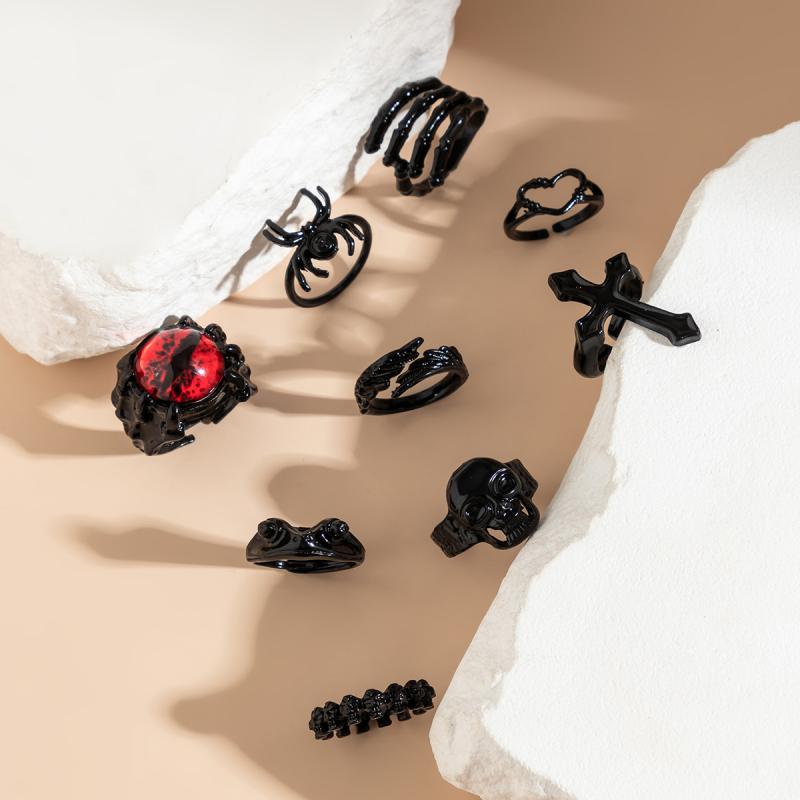 9 Stück/Set Goth Schwarze Teufelsauge Totenkopf Spinne Handflächenringe für Damen Vintage Kreuz Jesus Herzringe Halloween Schmuck Geschenk Neu