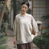 Johnature Women Embroidery Floral Shirts O-Neck Tops Chinese Style Solid Color Blouses Summer Loose Shirts