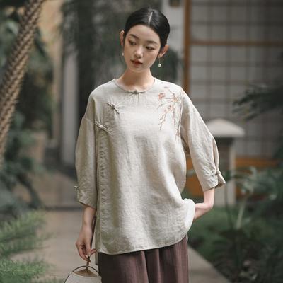 Women Embroidery Floral Shirts O-Neck Tops Chinese Style Solid Color Blouses Summer Loose Shirts