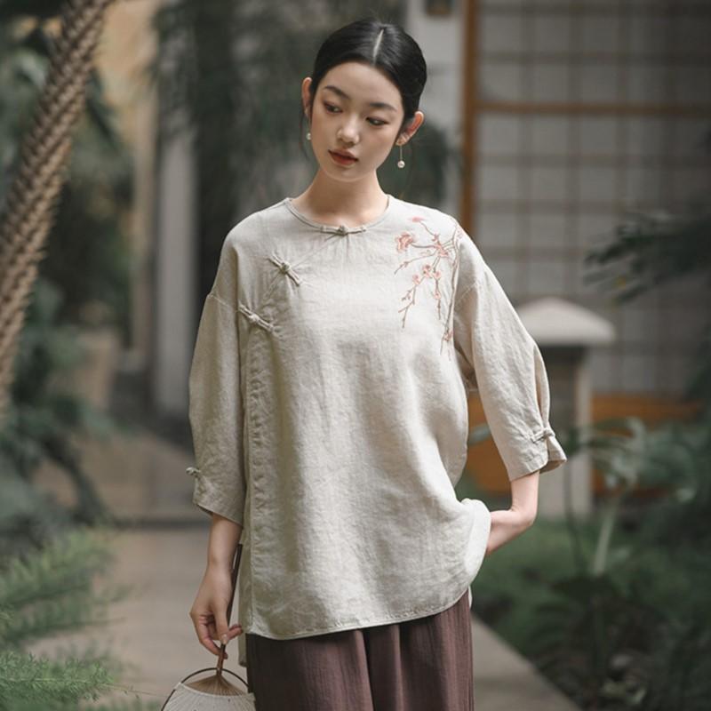 Johnature Women Embroidery Floral Shirts O-Neck Tops Chinese Style Solid Color Blouses Summer Loose Shirts