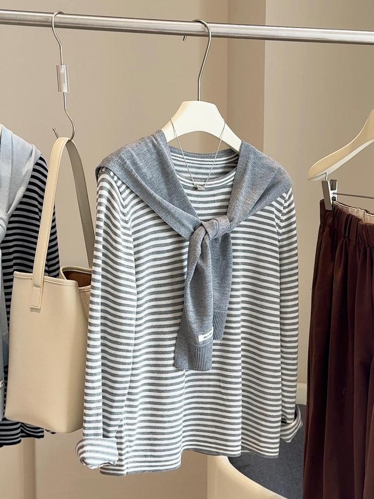 Autumn 2025 Women's Japanese-Korean Color Block Striped Knit Cardigan Two-Piece Set