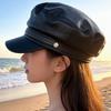 Cappello ottagonale in pelle PU da donna, cappello blu navy retrò, versatile per autunno e inverno, berretto newsboy mostra il viso, piccolo cappello alla moda