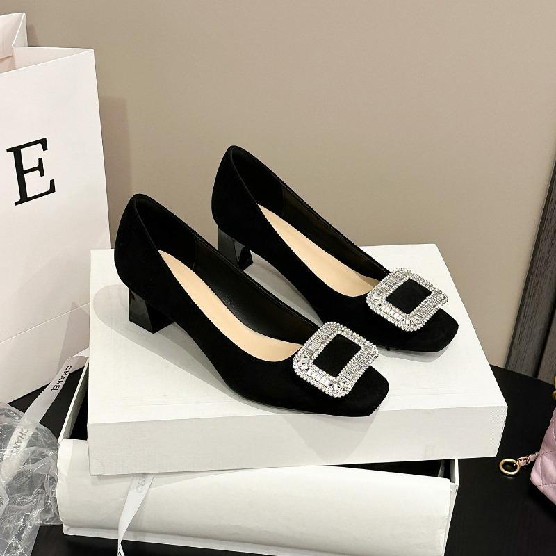 Rhinestone shallow middle heel shoes women's autumn thick heel square head high heels suede square buckle single shoes air cotton lining