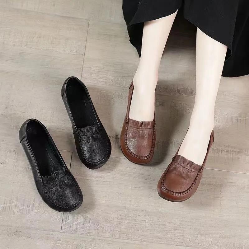 Peas Shoes Fashion Flat-bottomed Soft Leather Single Shoes Spring and Autumn Round Toe Mother Leather Shoes