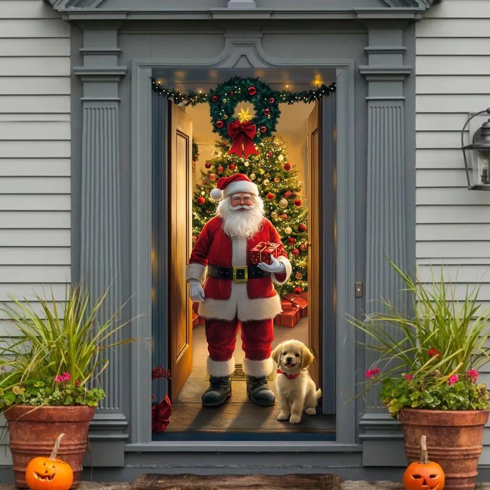 Animals Theme Christmas Door Cover Dog Cat 35.4x70.8" Christmas Hanging Cloth Versatile Hanging Background New Year Decoration