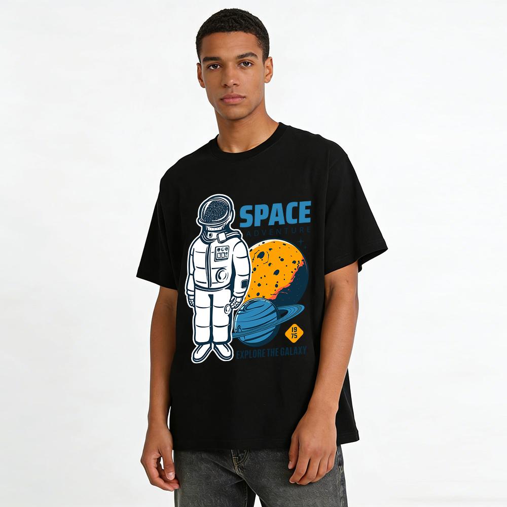 Vintage Space Adventure Astronaut Print Tee Explore Galaxy Casual Top Pure cotton T-shirt