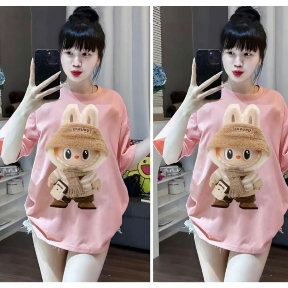 

Летняя свободная футболка унисекс с короткими рукавами для мужчин/женщин LABUBU Printed Top M розовый