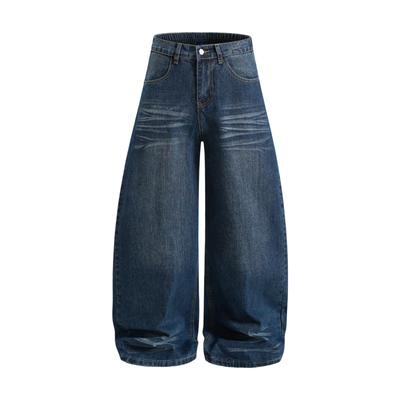 American Vintage Wide Leg Denim Jeans Men Loose Fit Straight Trousers Casual Washed Distressed Cat Whisker