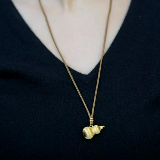 Fu Lu Shuang Quan Brushed Gold Gourd Necklace with Brown Rope - Spring Collection Electroplated