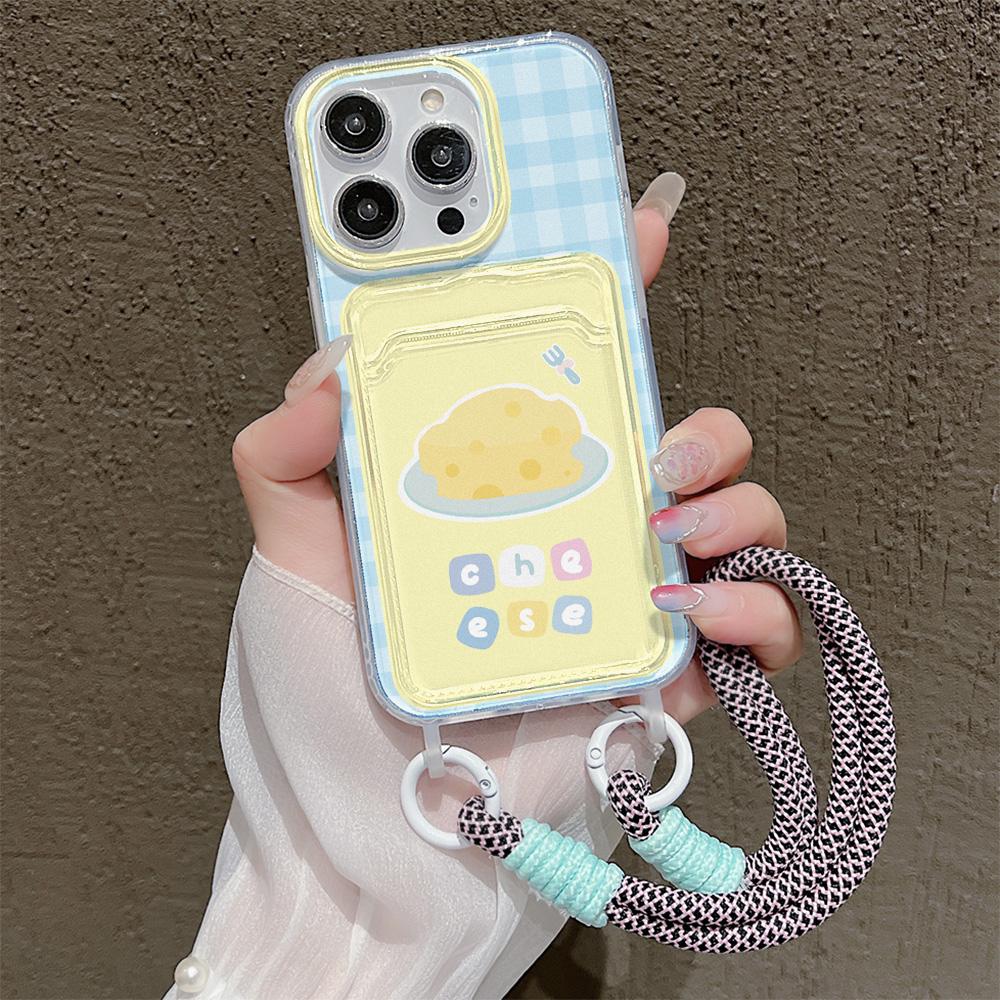 Cute Cheese Card Slot Bag Holder Phone Case For iPhone 15 16 Pro 13 11 12 14 Pro Max XR XS X 7 8 Plus SE  Lanyard Soft Cover