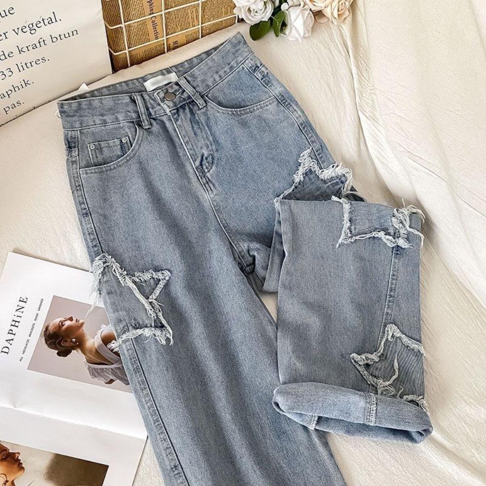 Pantaloni a vita alta con gamba dritta, a vita alta, con grafica a stella coreana, primavera autunno, jeans larghi, pantaloni in denim da donna, retro hip hop, harajuku
