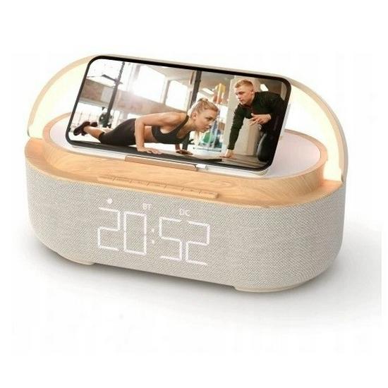 Alto-falante Bluetooth Multifuncional e Carregador Sem Fio com Despertador, Rádio e Lâmpada LED